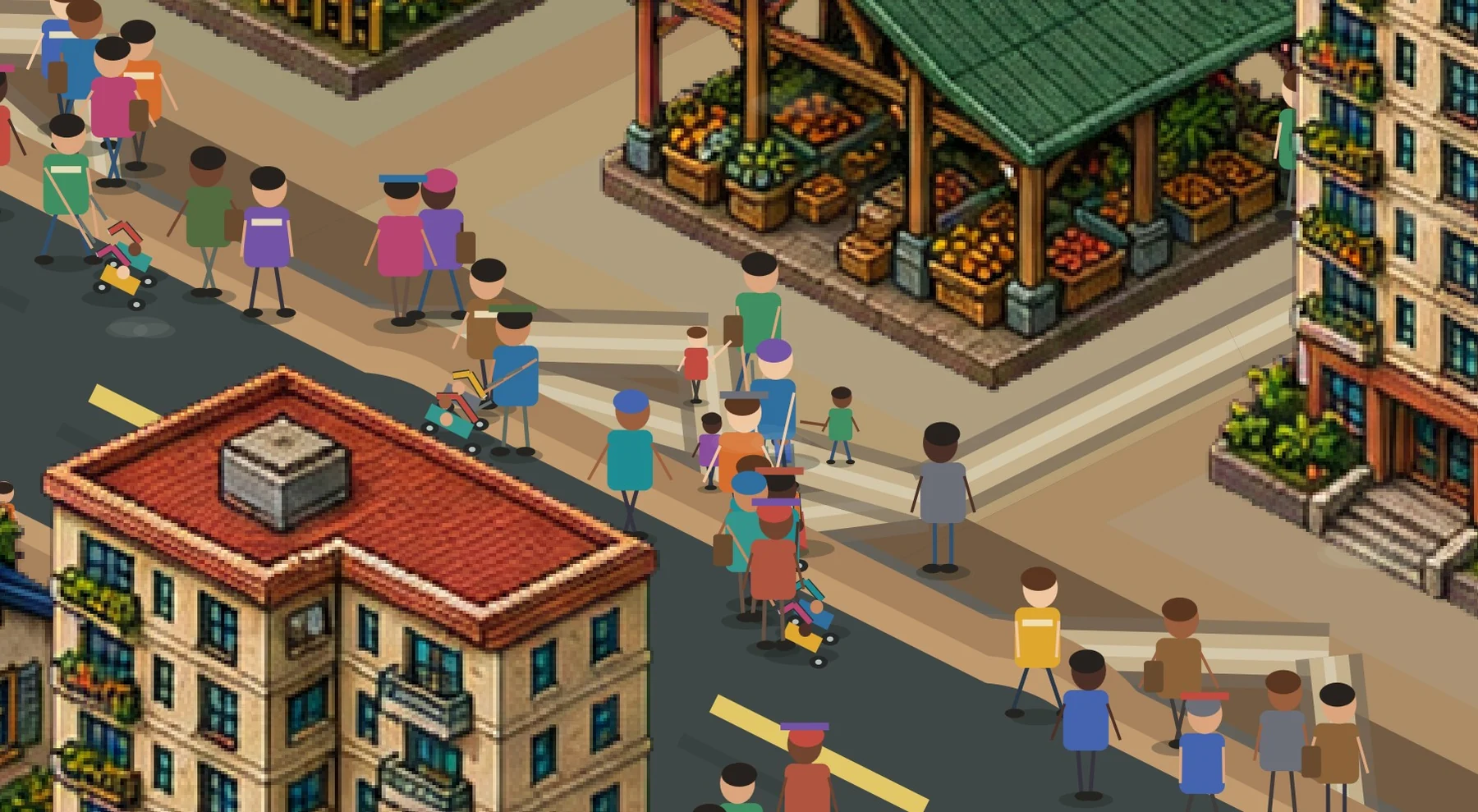 Families and children walking near a SOLESIDO market and apartment buildings