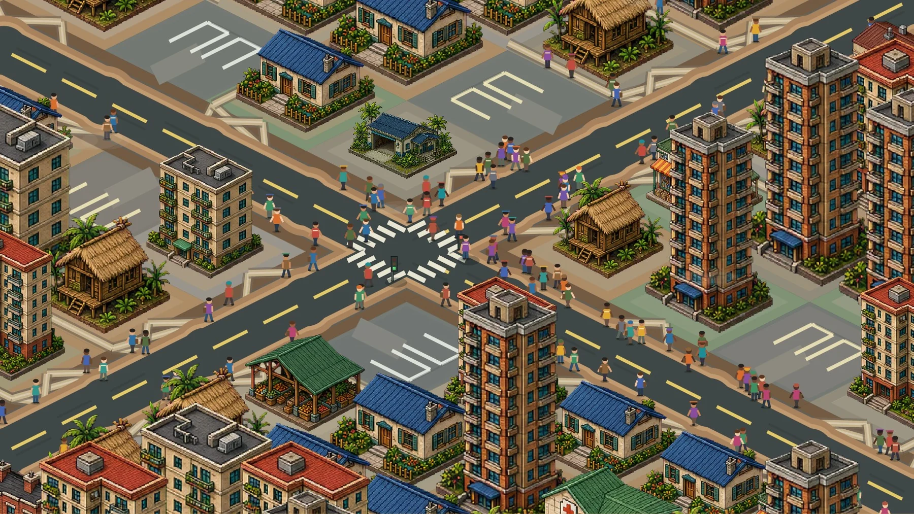 A wide SOLESIDO town full of pedestrians, apartments, roads and public spaces
